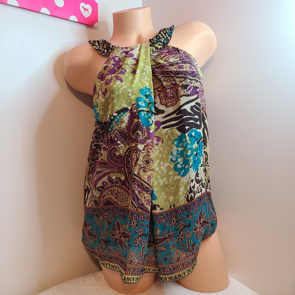 NWT Beige By Eci Colorful Beaded Chiffon Halter Tank Size M